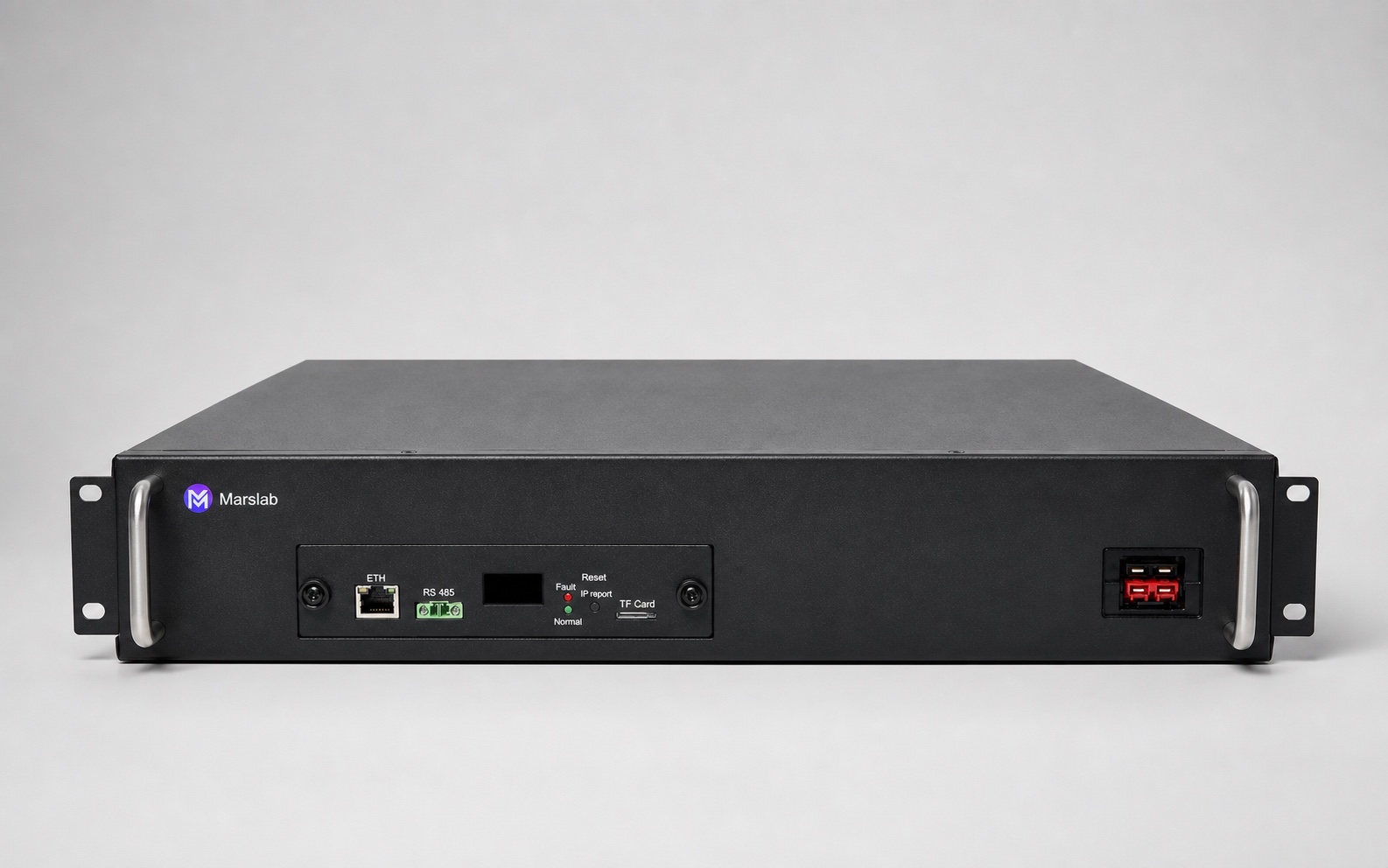 MarsMiner Hydro straight-on front studio view showing the rack ears, handles, management panel, status controls, and front service connector