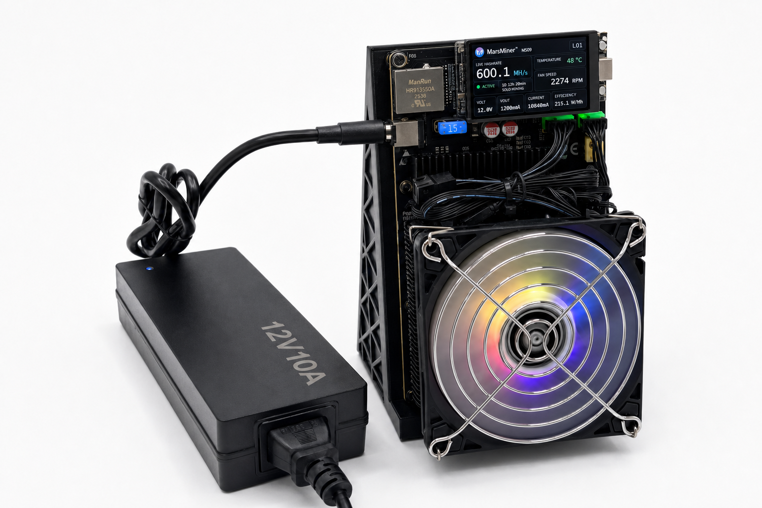 Complete MarsMiner Solo three-quarter system view with final MarsMiner interface, controller, cooling fan, connecting cable, and external 12V power supply
