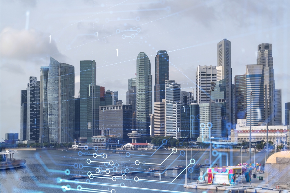 Singapore skyline with digital infrastructure graphics